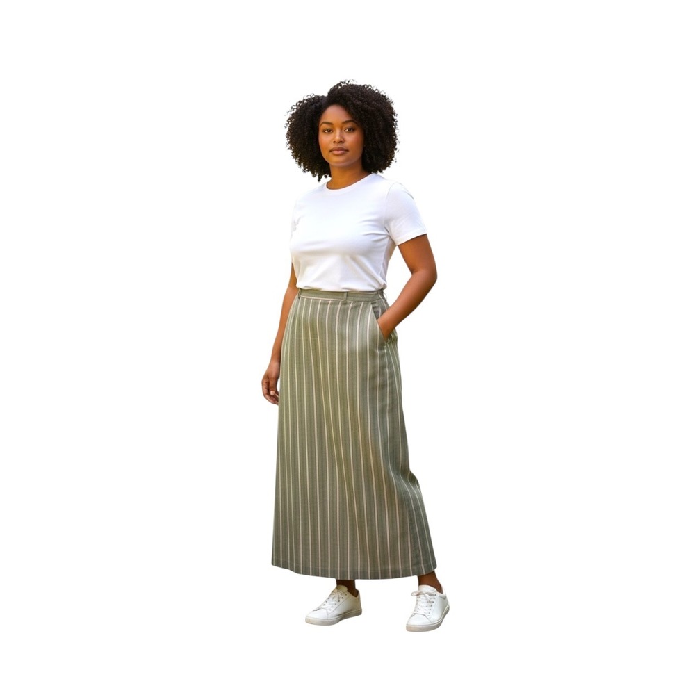 Express Design Studio Editor Maxi Skirt Womens SZ 12 Olive Pink Pinstripe Career
